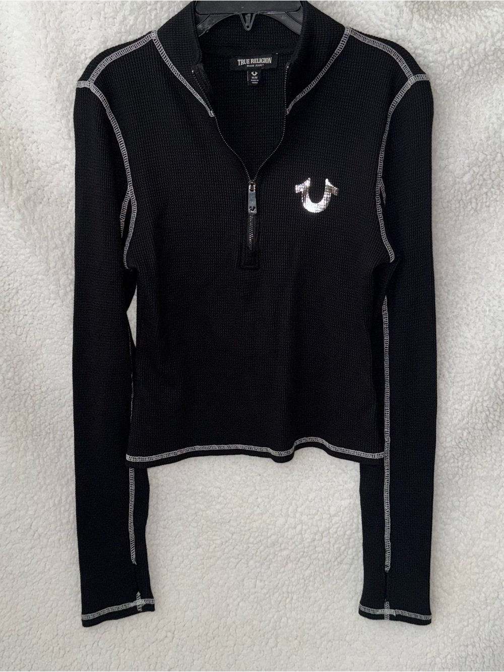 True Religion Zip Hoodie Black Silver Foil Logo Moto Y2K Style Women’s M